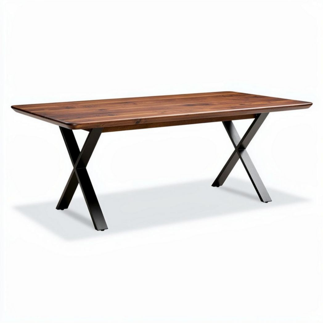 Table à manger en bois massif marron avec pieds en métal noir 180 x 90 x 75cm