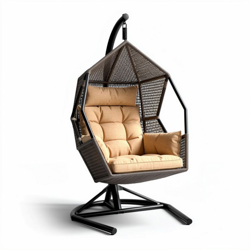 Fauteuil suspendu en résine tressée avec coussin en tissu beige 120 x 80 x 100cm