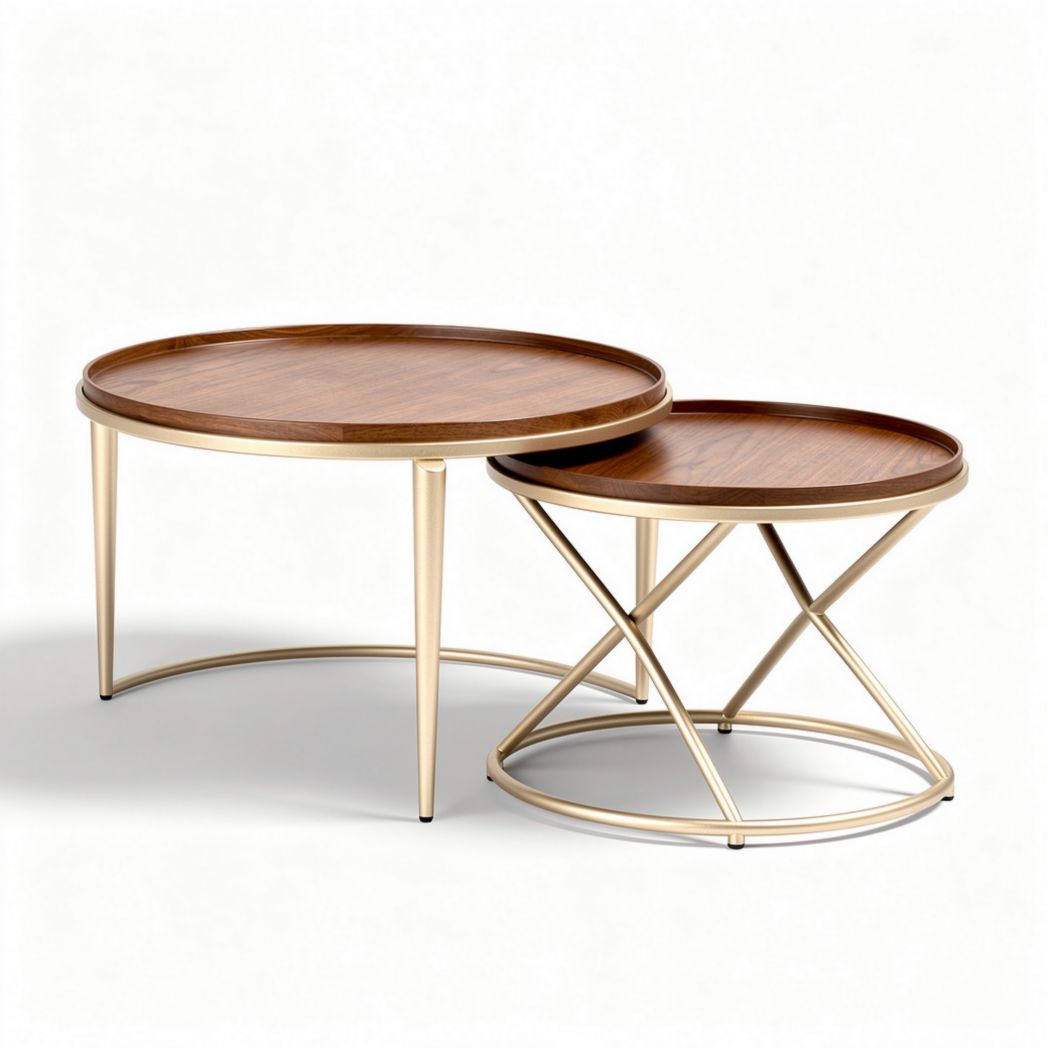 Tables basses en bois et métal doré design rond 45 x 45 x 50cm