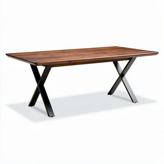 Table à manger en bois massif marron avec pieds en métal noir 180 x 90 x 75cm