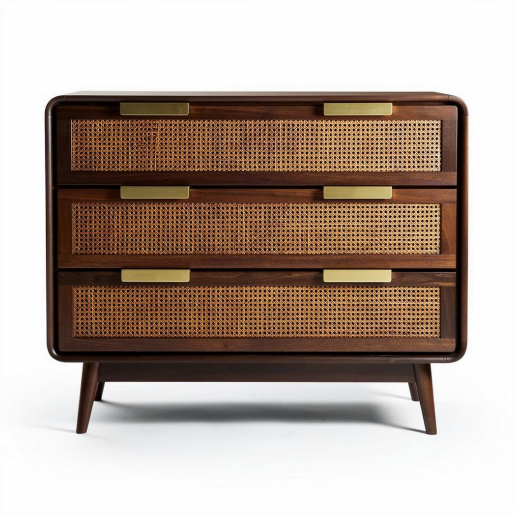 Meuble de rangement en bois avec tiroirs en osier et poignées dorées 80 x 40 x 70cm