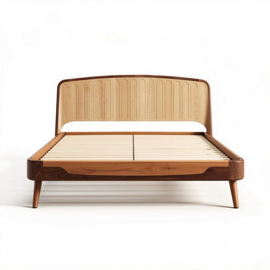 Lit en bois massif avec tête de lit en rotin 200 x 150 x 40 cm