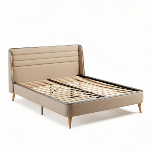 Lit en tissu beige avec sommier à lattes en bois 200 x 160 x 80cm